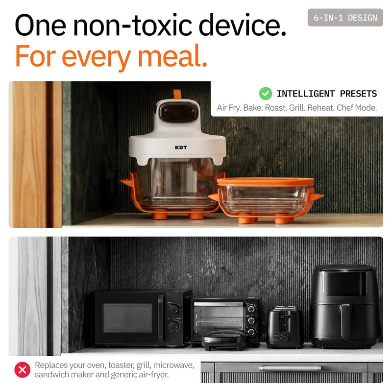 EDT Luma ZERO COATING PureGlass™ Air Fryer Oven | 4.5L + 2.5L Dual Bowl | NutriRetain™ | 6-in-1 Multi Function | 100% Toxin Free No Ceramic, PFAS, PTFE, PFOA | 1500W (Orange 4.5L + 2.5L)