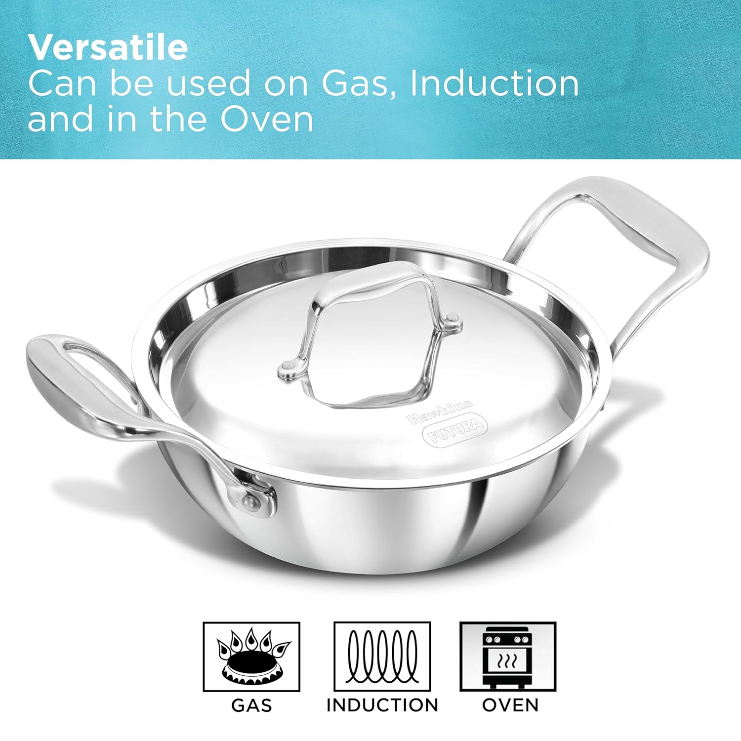 Hawkins Pro 1.5 Litre Deep-Fry Pan, Triply Stainless Steel Kadhai with Steel Handles and Steel Lid, Small Kadhai, Silver (PSK15S)