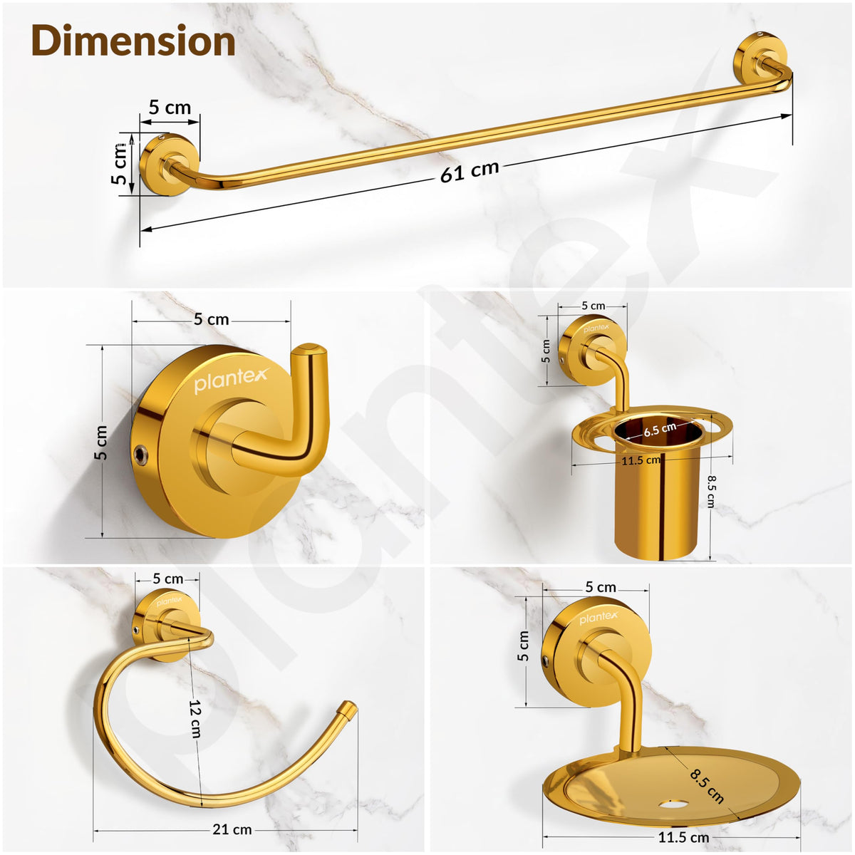 Plantex 304 Grade Stainless Steel Bathroom Accessories Set of 5 - Towel Rod/Hand Napkin Hanger for Wash Basin/Soap Case/Toothbrush Holder/Robe Hook - Daizy (Golden)-3