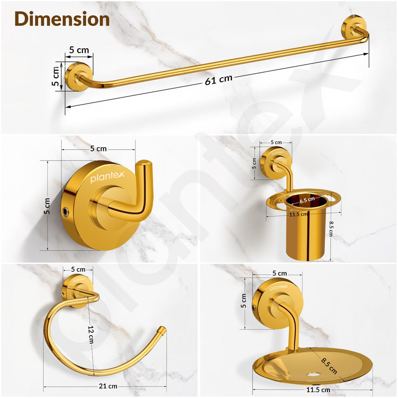 Plantex 304 Grade Stainless Steel Bathroom Accessories Set of 5 - Towel Rod/Hand Napkin Hanger for Wash Basin/Soap Case/Toothbrush Holder/Robe Hook - Daizy (Golden)-3