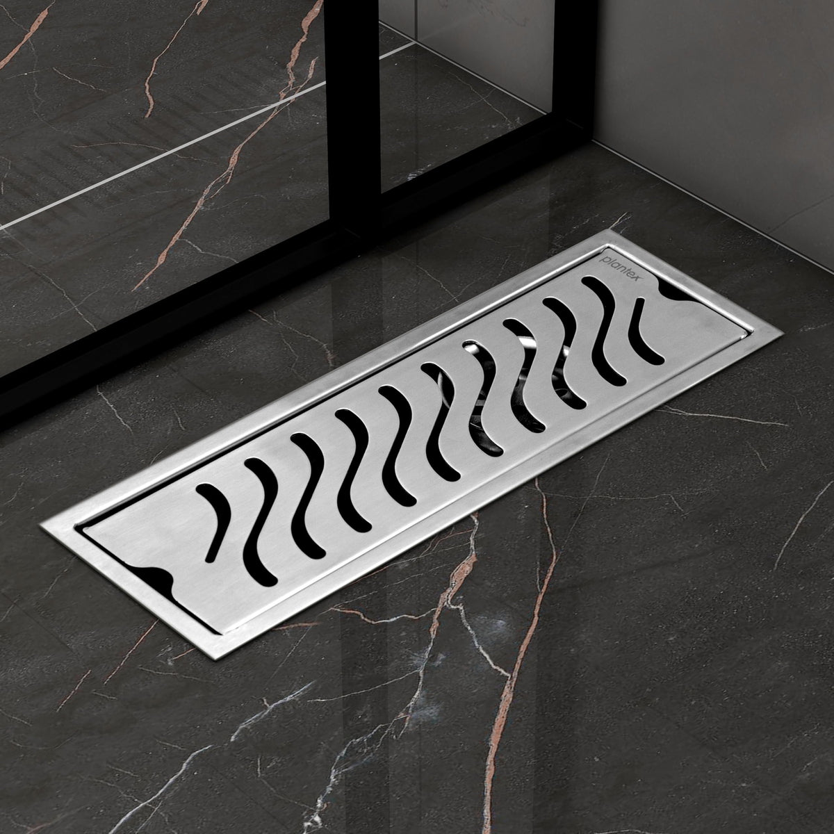 Plantex 304 Grade Stainless Steel Shower Water Drain Channel/12x4 Inch Floor Drain/Drainage Cover/Floor Drain Cover with Removable Grate - (Wave, Chrome)-1