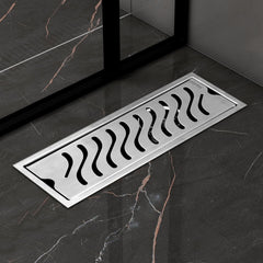 Plantex 304 Grade Stainless Steel Shower Water Drain Channel/12x4 Inch Floor Drain/Drainage Cover/Floor Drain Cover with Removable Grate - (Wave, Chrome)-1