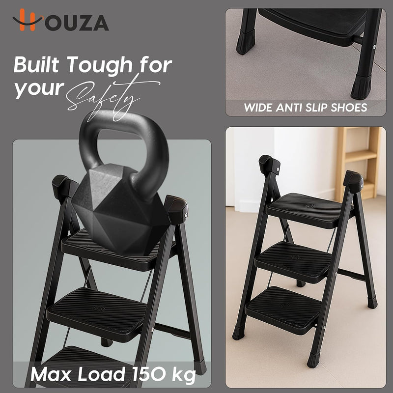 HOUZA Steel Ladder for Home 3 Steps Foldable with Anti-Skid Wide Steps (30cm x 20cm) | 3 Step Ladder for Home Use with D-Shape Rods | Secure Lock | 150 Kg Capacity Folding Ladder | 5 Year Warranty
