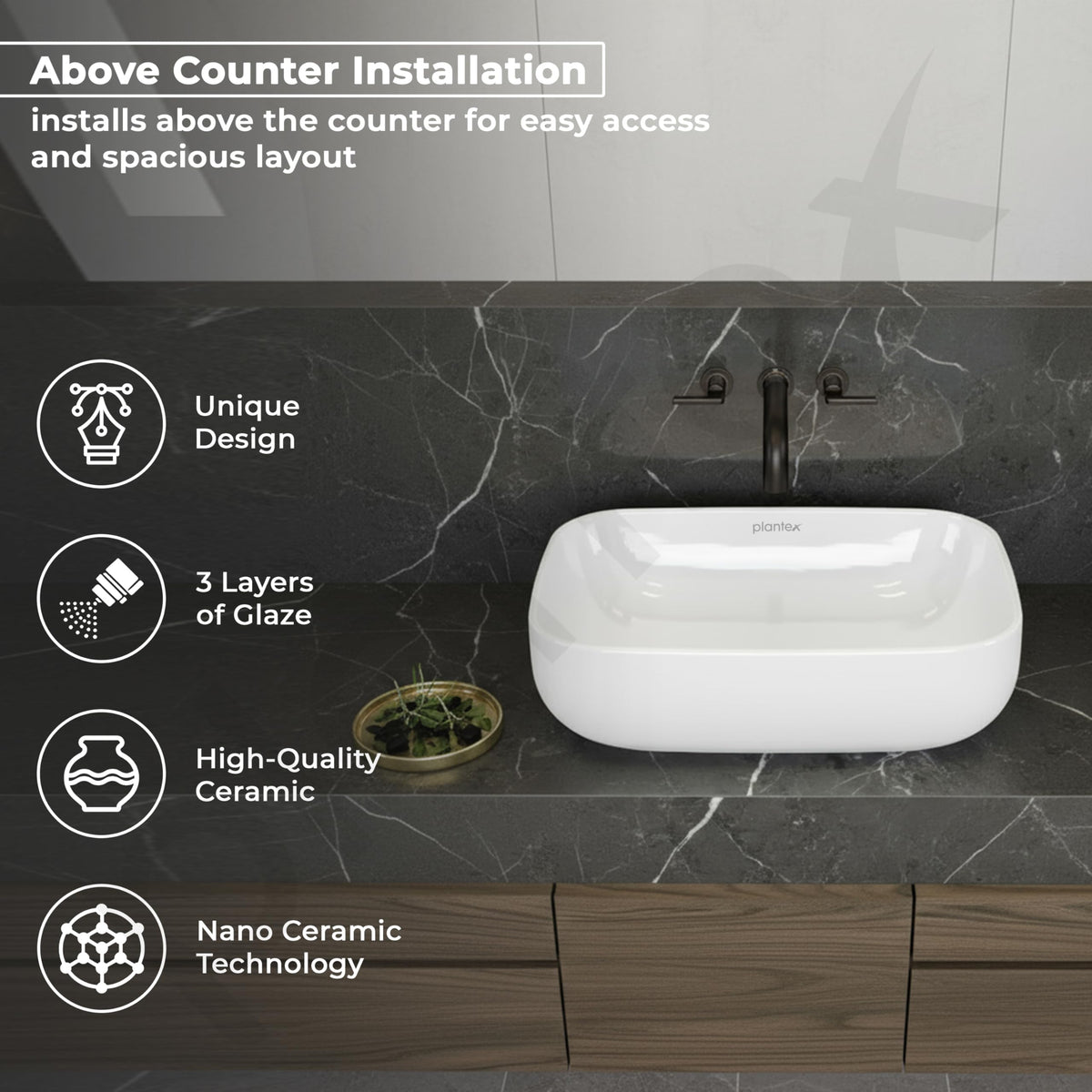 Plantex Platinum Ceramic Table Top Wash Basin with 10 Years Glaze Warranty/Countertop Basin for Bathroom/Small Washbasin (White - 18 x 13 x 5 Inch)-2