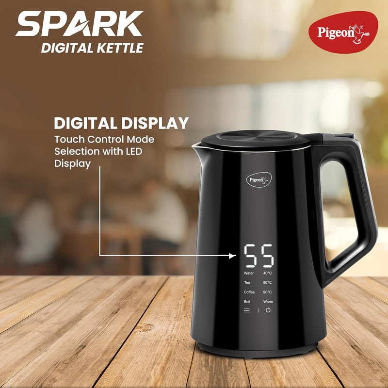 Pigeon Spark Digital Kettle 1500 Watt, 1.5 L with Stainless Steel Body, Used for Boiling Water and Milk, Tea, Coffee, Oa