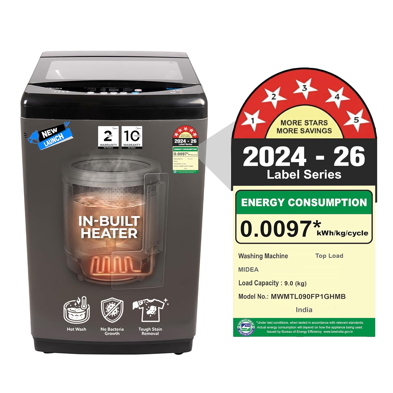 Midea 9 Kg 5 Star, Self Clean Drum Technology, Fully Automatic Top Load Washing Machine with Inbuilt Heater, 10 Wash Programs (MWMTL090FP1GHMB, Metal Body Mid Black)