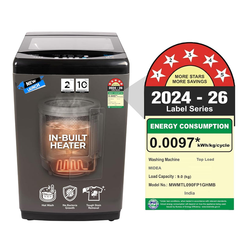 Midea 9 Kg 5 Star, Self Clean Drum Technology, Fully Automatic Top Load Washing Machine with Inbuilt Heater, 10 Wash Programs (MWMTL090FP1GHMB, Metal Body Mid Black)