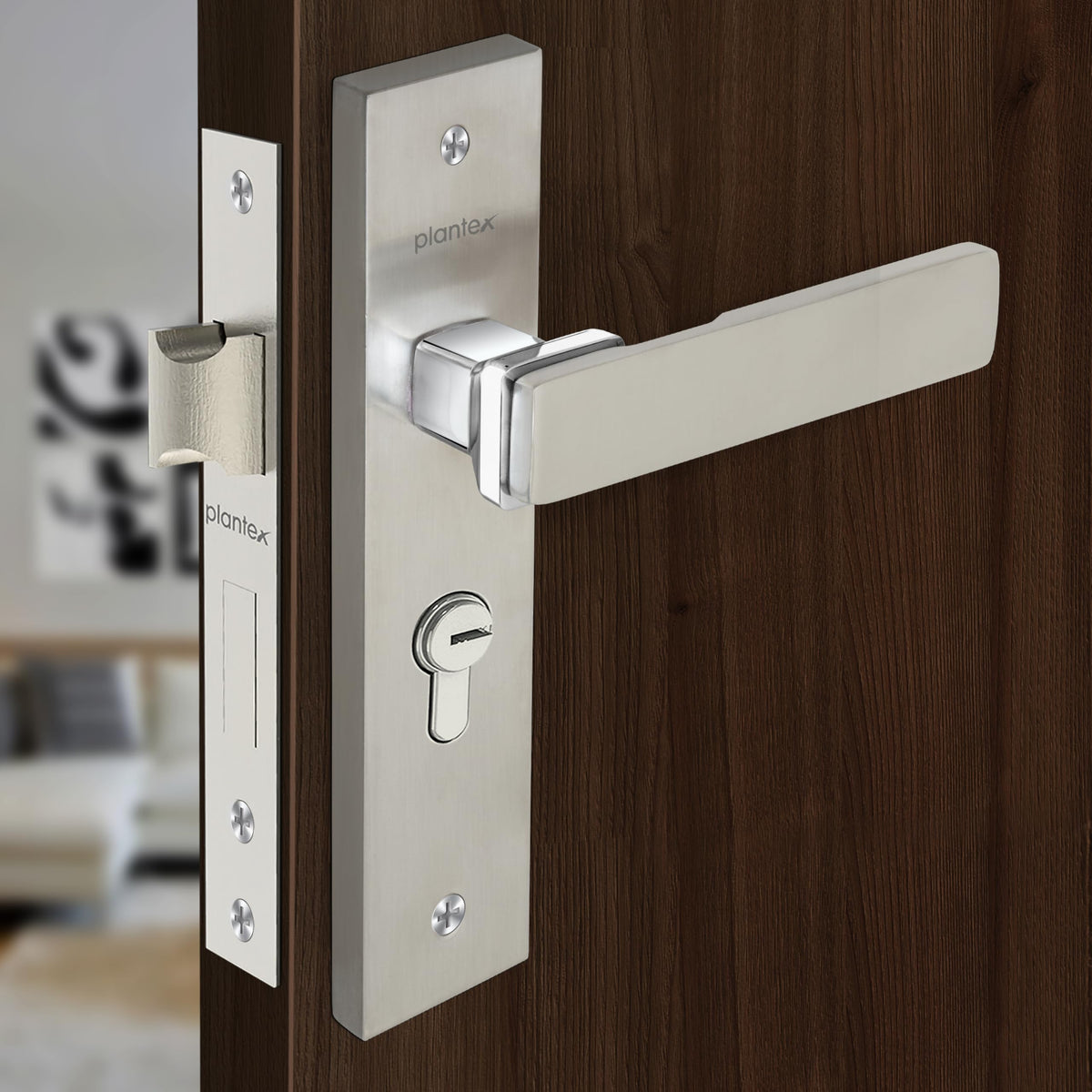 Plantex Heavy-Duty Door Lock Set - Main Door Lock Handle Set/Mortise Lock with 3 Keys, Brass Lock Body & Cylinder (8116 - Steel Satin & Chrome)