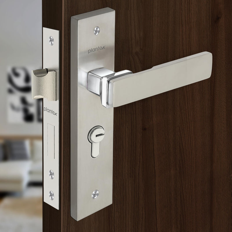 Plantex Heavy-Duty Door Lock Set - Main Door Lock Handle Set/Mortise Lock with 3 Keys, Brass Lock Body & Cylinder (8116 - Steel Satin & Chrome)-1