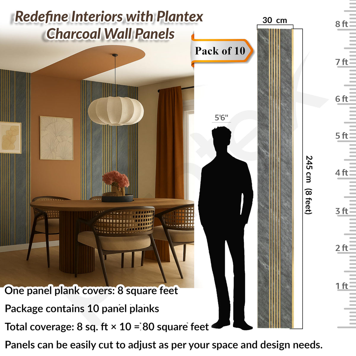 Plantex 3D Wall Panels/Pack of 10 Decorative Louvers for Interior Walls/1x8 Ft Each/80 Sq. Ft Coverage/Charcoal Wall Panels for Hall, Living Room, Office (WD-2209-Textured Grey & Gold)-2