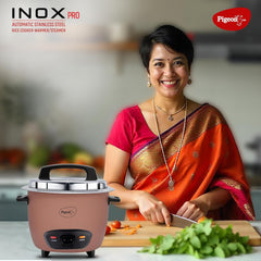 Pigeon Inox Pro Rice Cooker with Steamer, 1 litres | Stainless Steel Lid | 400 Watts | 1 Steel Cooking Pot | Measuring Cup | Spatula | Energy Efficient Cooking (Pink)
