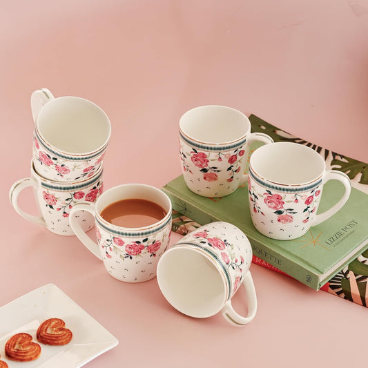 Magique by The Wishing Chair x ClayCraft : Portrait of a Rose Ceramic Chai Mugs - Set of 6 | 180 ml | Elegant Design Mugs for Coffee | Ideal for Gifting | Perfect for Home & Office