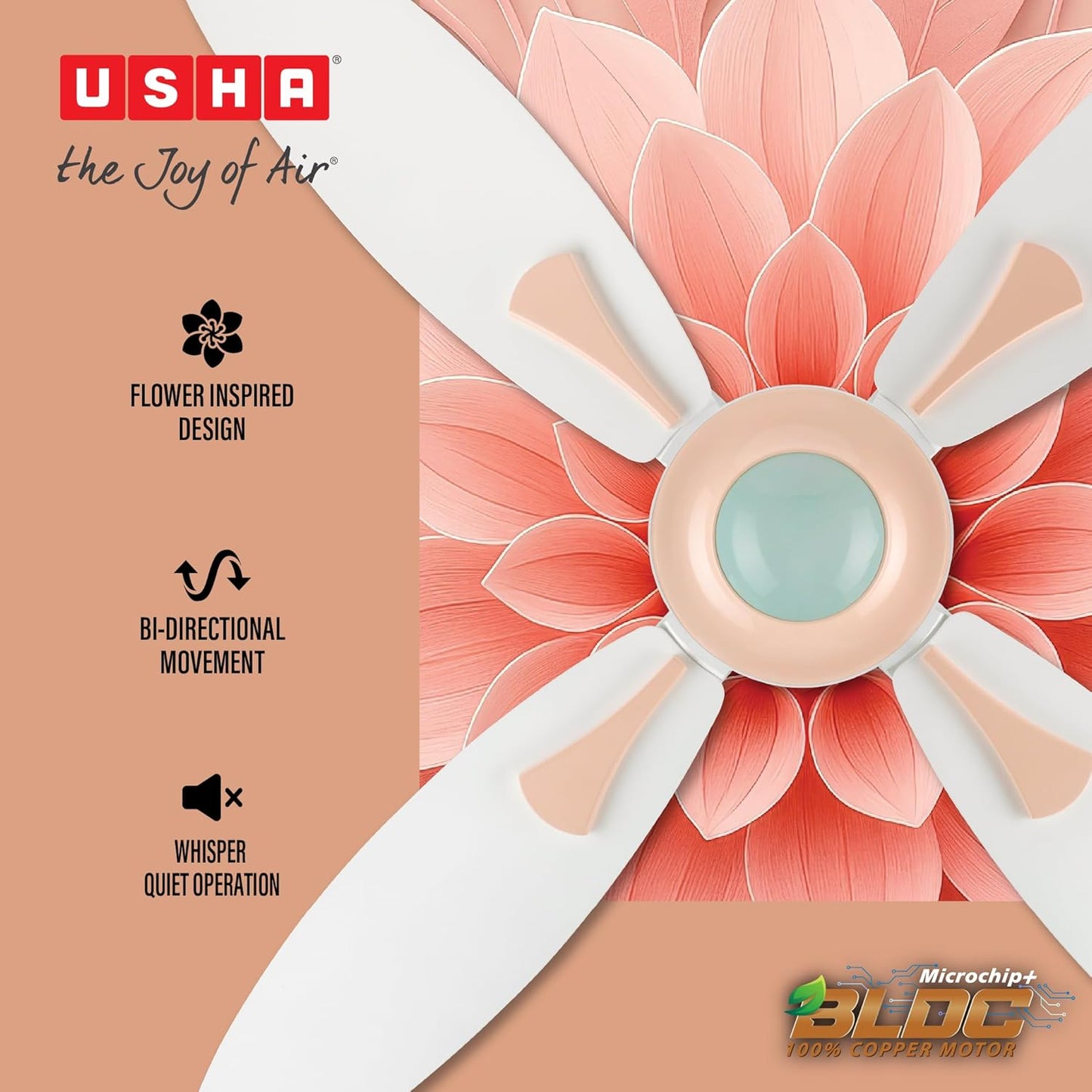 USHA New Bloom Series Dahlia (Inspired by Dahlia) 4-Blade BLDC Ceiling Fan with Bi-Directional Feature | Sleep/Boost/Timer Modes | RF Remote | Dust-Resistant | Whisper-Quiet (White & Misty Rose)