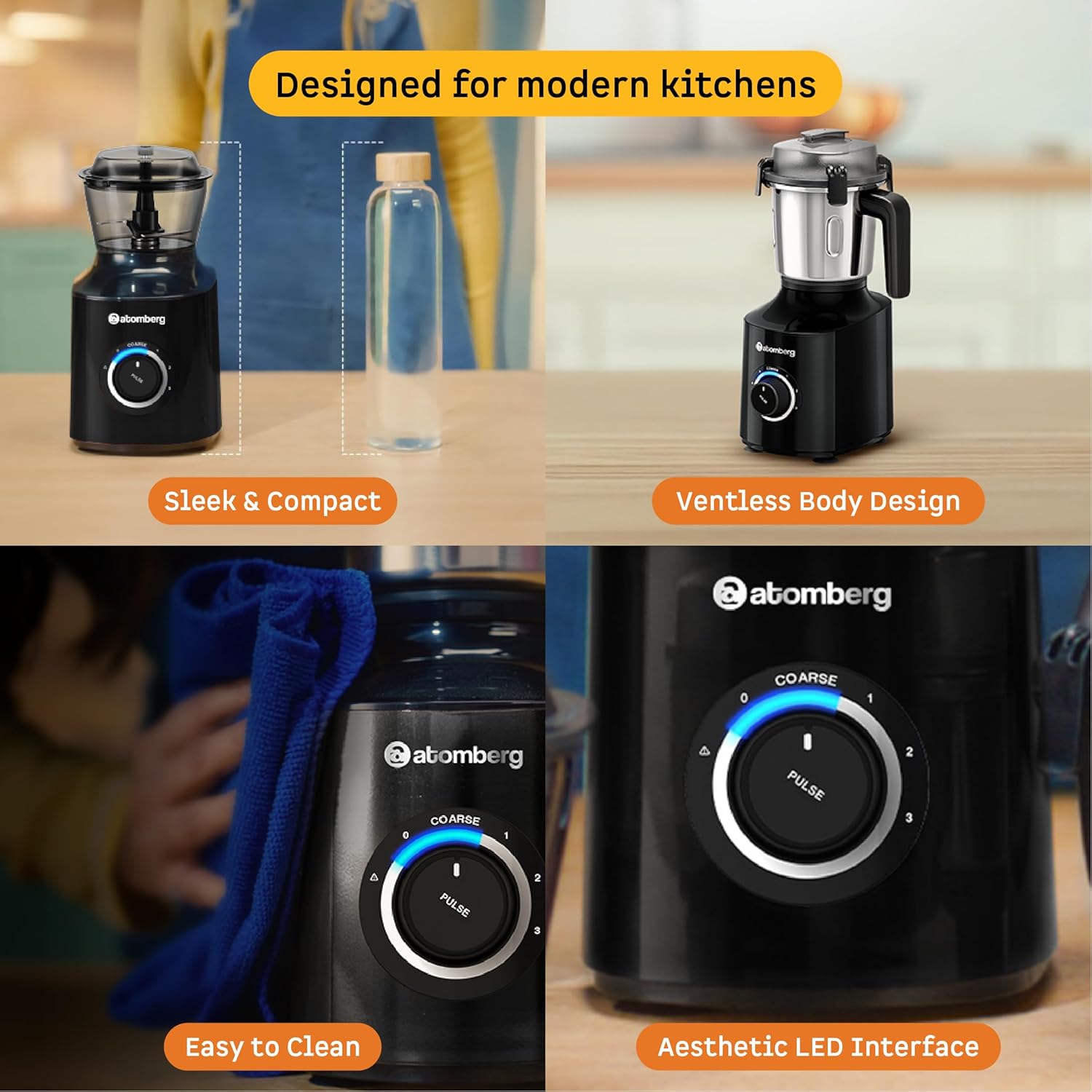 Atomberg Zenova Mixer Grinder | Unique Coarse Mode for Silbatta-like Texture | Intelligent BLDC Motor | Safety Features | 4 Jars including Chopper | Hands-Free Operation (Black)