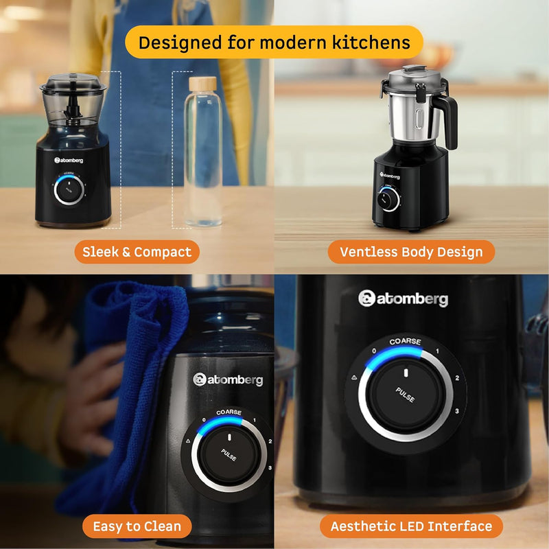 Atomberg Zenova Mixer Grinder | Unique Coarse Mode for Silbatta-like Texture | Intelligent BLDC Motor | Safety Features | 4 Jars including Chopper | Hands-Free Operation (Black)