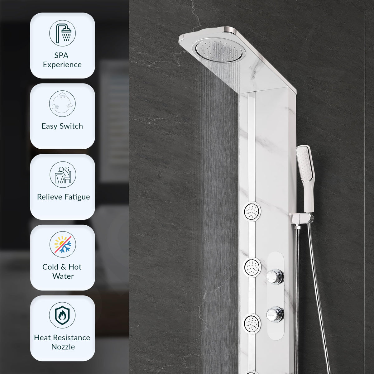 Plantex SS-304 Marble Textured Shower Panel for Bathroom with Showerhead/Hand Shower with Hose Pipe & Clamp/Body Massage Jets/Bathroom Shower System -(KM-8099)-4