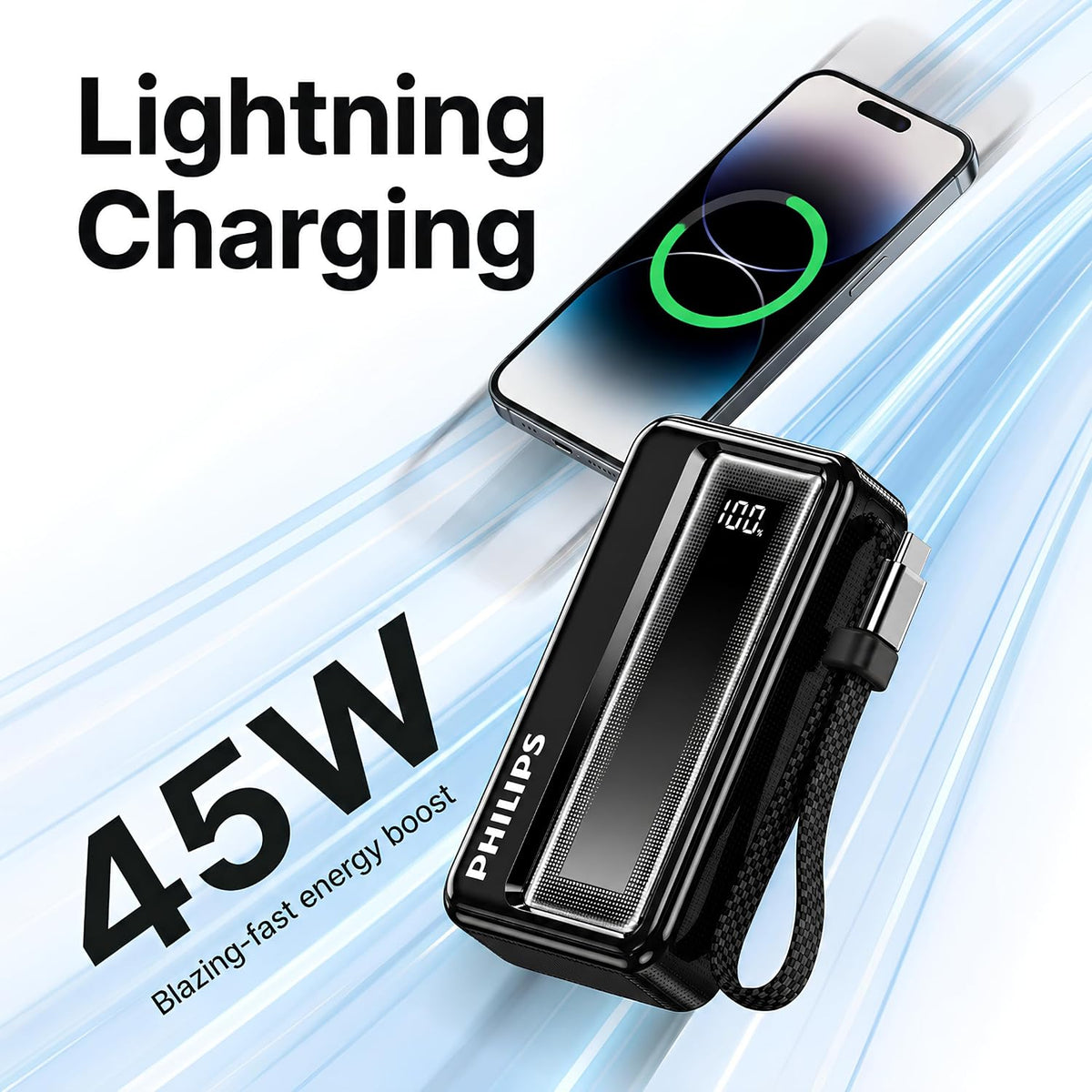 Philips DLP2721NB/94 20000mAh 45W Fast Charging Power Bank with Built-in Type-C Cable (Dark Slate)
