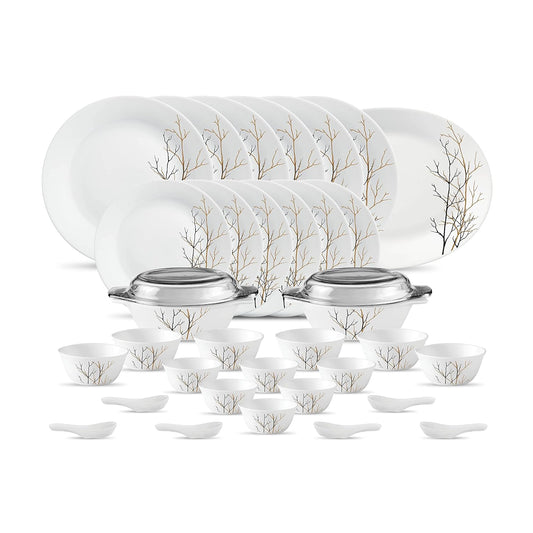 La Opala Diva, Ivory Collection, Opal Glass Dinner Set 35 pcs, Golden Fall, White
