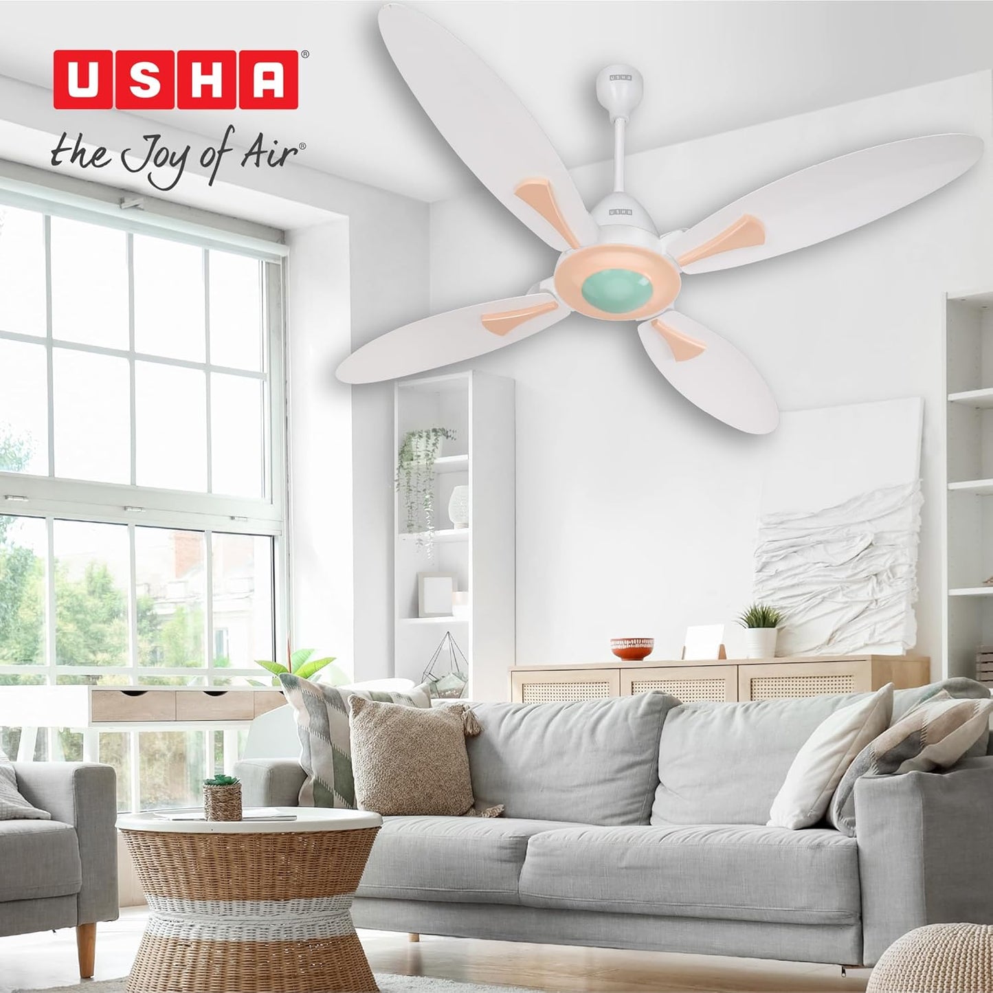USHA New Bloom Series Dahlia (Inspired by Dahlia) 4-Blade BLDC Ceiling Fan with Bi-Directional Feature | Sleep/Boost/Timer Modes | RF Remote | Dust-Resistant | Whisper-Quiet (White & Misty Rose)