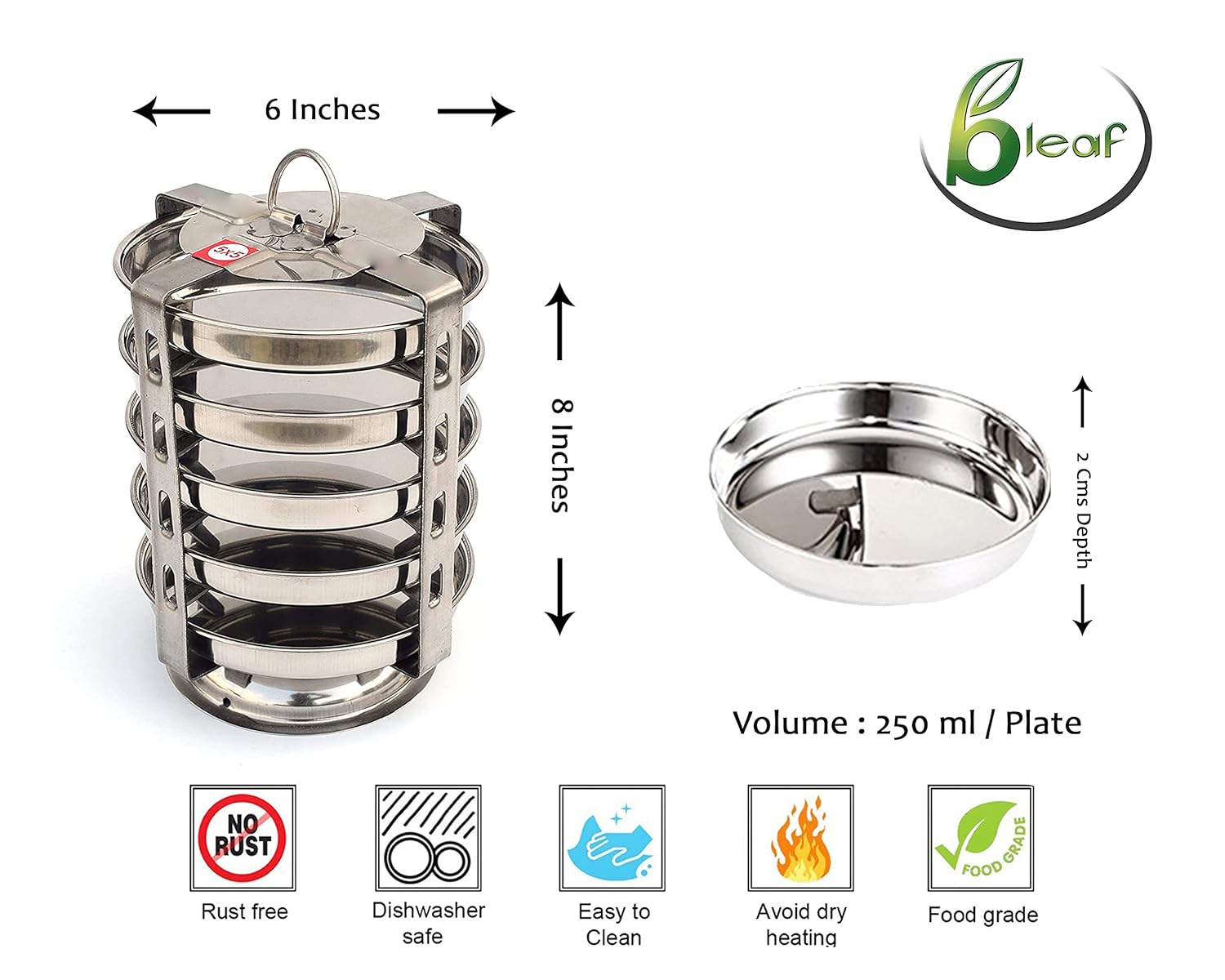 BLeaf Stainless Steel-5 Plate Thatte Idli Stand/Dhokla Maker (5 Plate, 5 Idli)