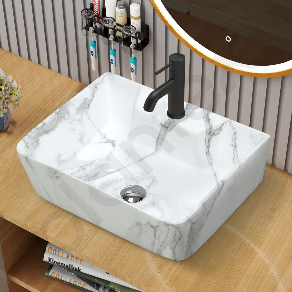 Plantex Ceramic Wash Basin for Bathroom/Rectangle Wall Mount Basin/Bathroom Sink/Washbasin for Restaurant/Hotel (Marble Finish - 16 x 12 x 5 Inch)-6