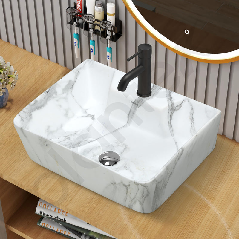 Plantex Ceramic Wash Basin for Bathroom/Rectangle Wall Mount Basin/Bathroom Sink/Washbasin for Restaurant/Hotel (Marble Finish - 16 x 12 x 5 Inch)-6
