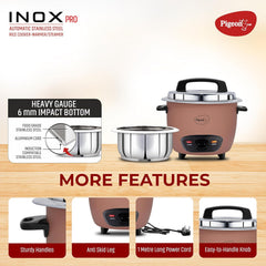 Pigeon Inox Pro Rice Cooker with Steamer, 1 litres | Stainless Steel Lid | 400 Watts | 1 Steel Cooking Pot | Measuring Cup | Spatula | Energy Efficient Cooking (Pink)