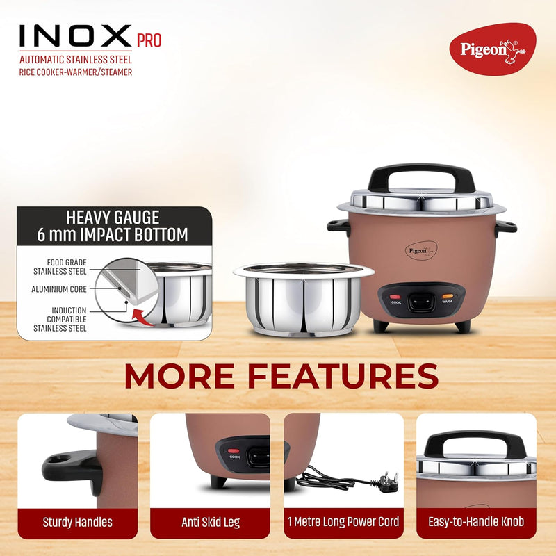 Pigeon Inox Pro Rice Cooker with Steamer, 1 litres | Stainless Steel Lid | 400 Watts | 1 Steel Cooking Pot | Measuring Cup | Spatula | Energy Efficient Cooking (Pink)