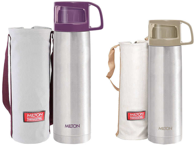 Milton Glassy 500 Thermosteel Vacuum Insulated Double Walled Flask with Drinking Cup lid & Jacket, 500 ml Water Bottles, 24 Hours Hot & Cold, Easy to Carry,Rust Proof, Tea, Coffee, Travel Bottle, Grey