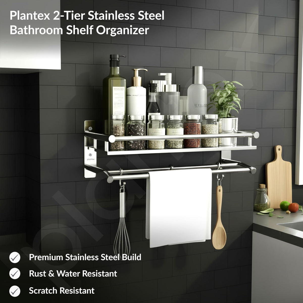 Plantex Premium Stainless Steel Bathroom Shelf/Multipurpose Rack with Towel Hooks & Hanger/Rod/Bathroom Organiser with Drill/Bathroom Stand-(2-Tier,Chrome)-3