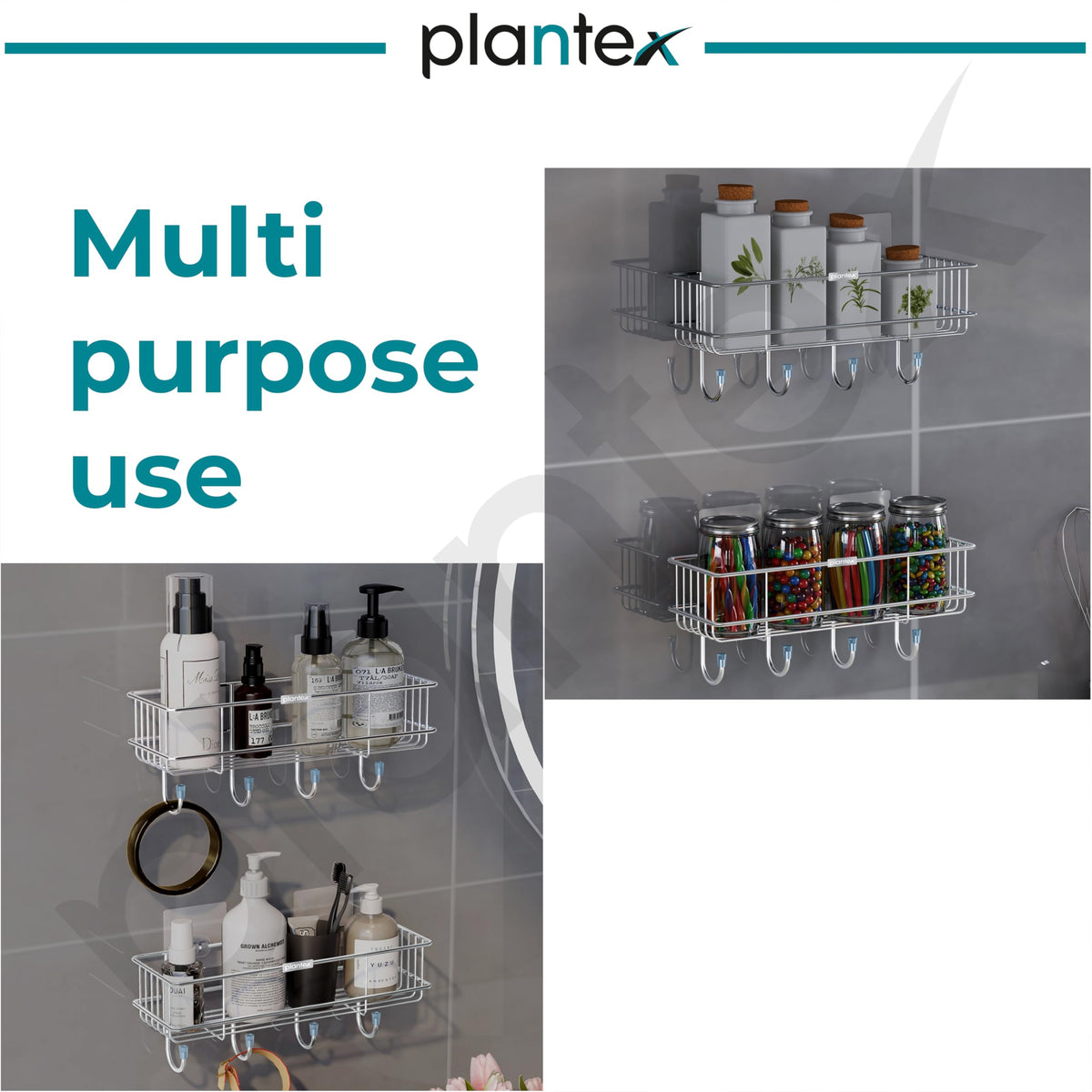 Plantex Stainless Steel Bathroom Organiser Without Drill/Multipurpose Shelf with Hooks/Drill Free Shampoo Holder for Bathroom - Wall Mount - Pack of 2 (Chrome)-5