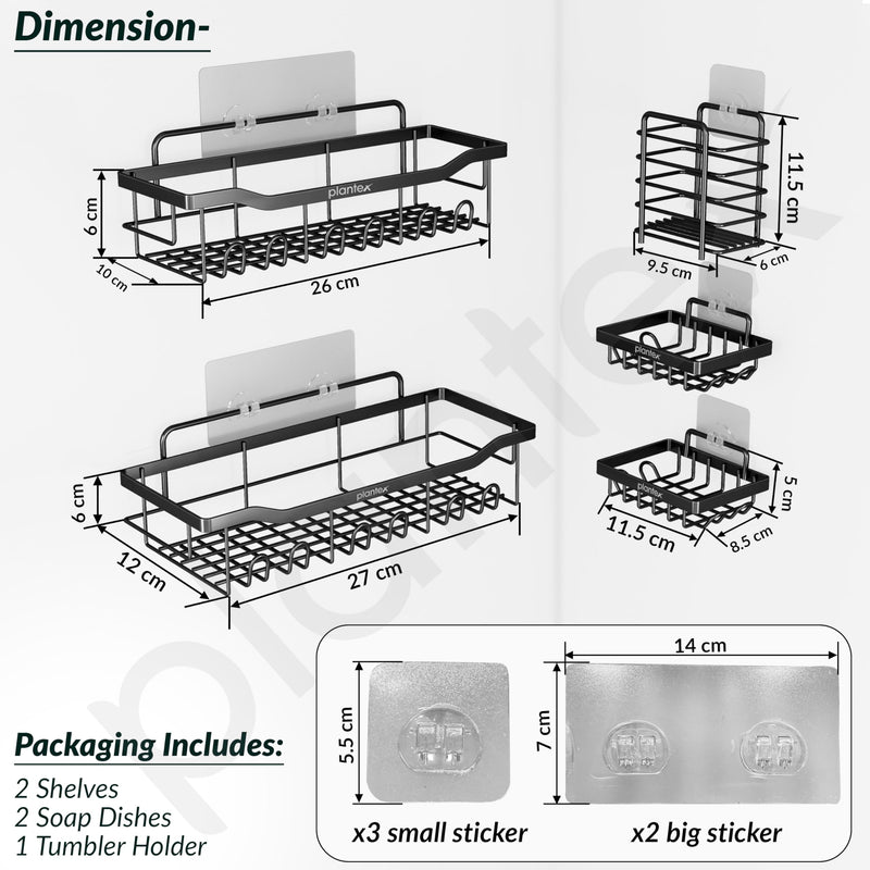Plantex Bathroom Organiser without Drill/Self Adhesive Bathroom Shelf/Soap Stand for wall/Toothbrush Holder/Shelf for Washroom Wall/Hanging Shelf for Kitchen-(Black, Pack of 5)-3