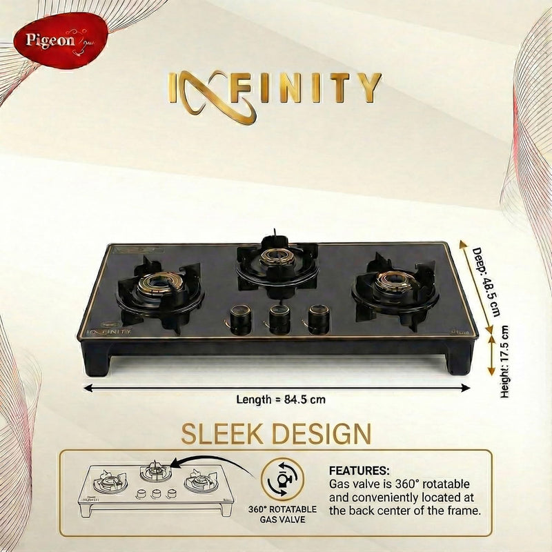 Pigeon Infinity Gold Gas Cooktop Glass Top and Stainless Steel Black Body 3 Burner Gas Stove | ISI Certified | Manual Ig