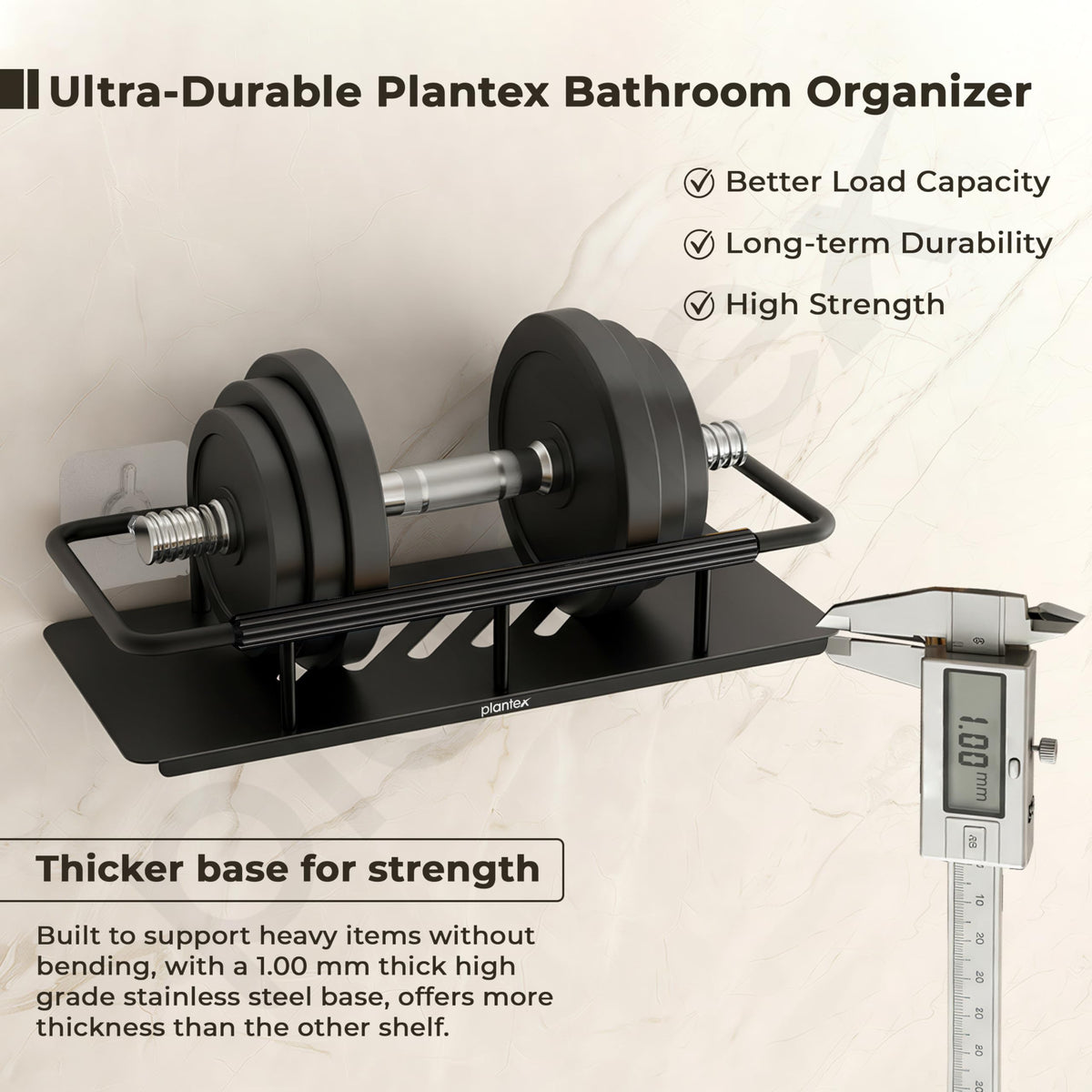 Plantex Self Adhesive Bathroom Shelf/Stainless Steel Bathroom Shelf Rack/Wall Shelf for Bathroom/Bathroom Organiser Without Drill/Bathroom Accessories Set- Pack of 1 (12x5 inches, Black)-4