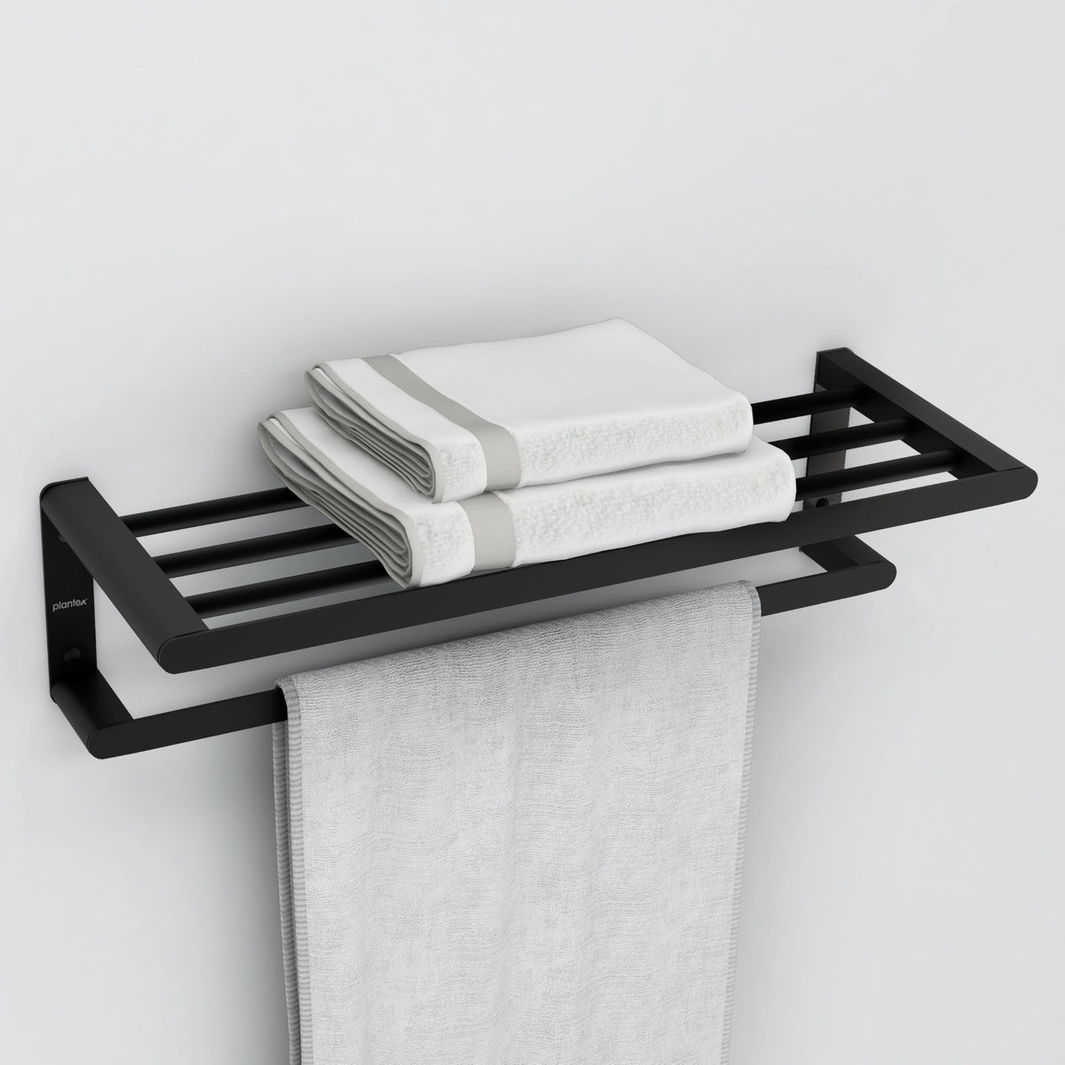 Plantex Space Aluminium Towel Rack with Fix Towel Rod/Towel Bar/Towel Hanger/Towel Stand for Bathroom/Bathroom Accessories (Black)-1