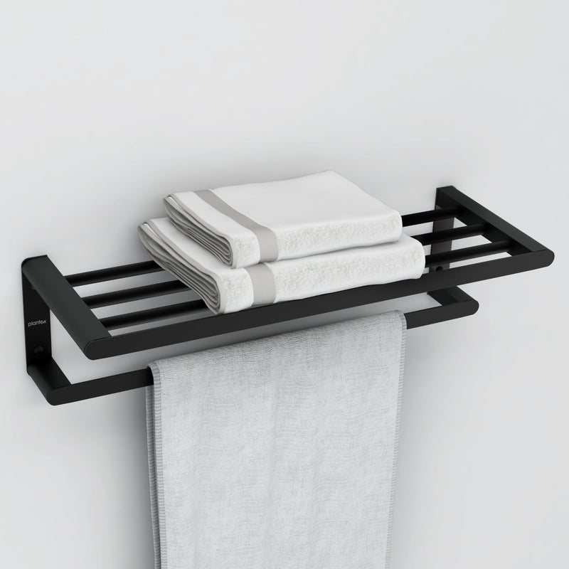 Plantex Space Aluminium Towel Rack with Fix Towel Rod/Towel Bar/Towel Hanger/Towel Stand for Bathroom/Bathroom Accessories (Black)-1