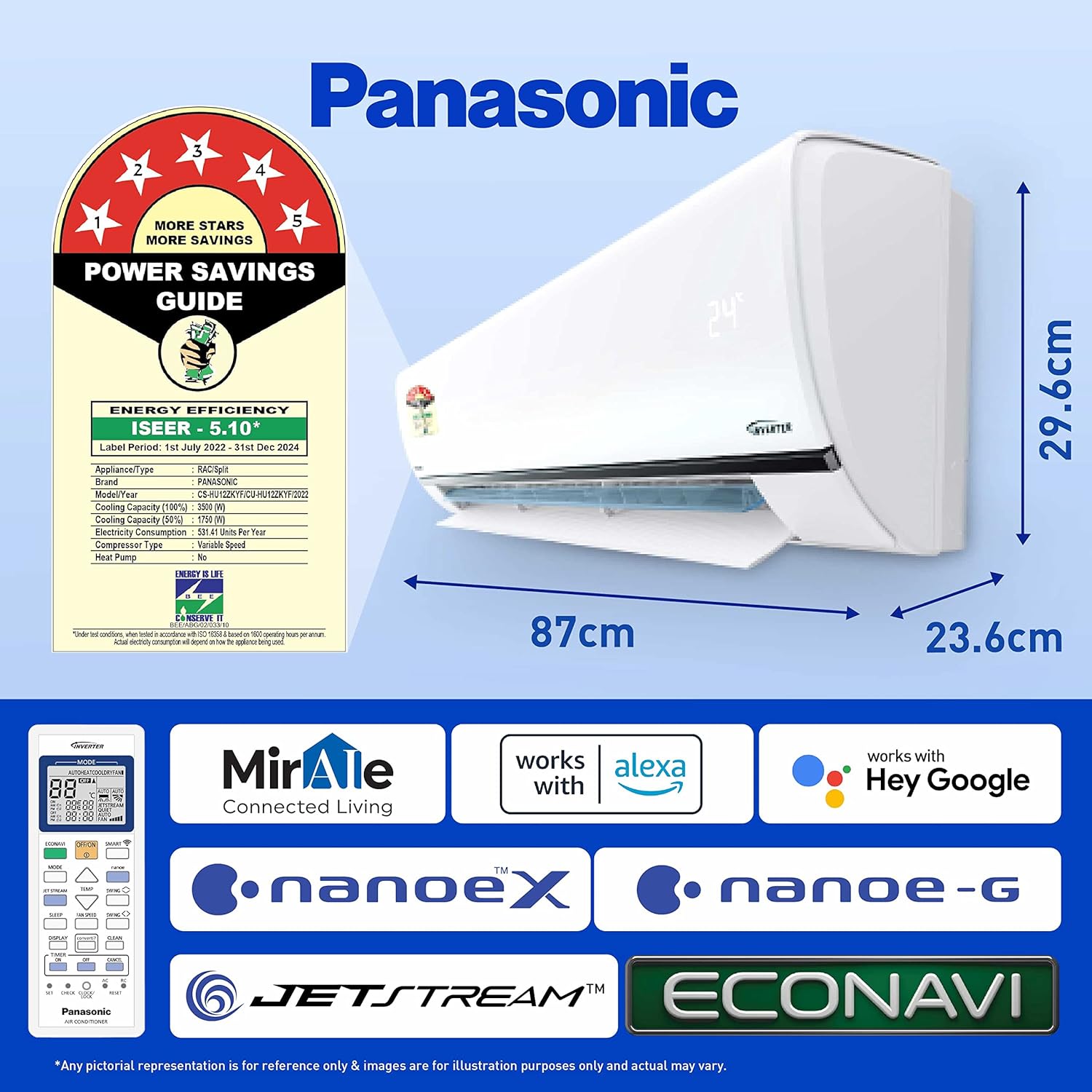 Panasonic 1 Ton 5 Star Wi-Fi Inverter Smart Split AC (Copper, 7 in 1 Convertible with additional AI Mode, 4 Way Swing, nanoe-X Air Purification Technology, CS/CU-HU12ZKYF, White)
