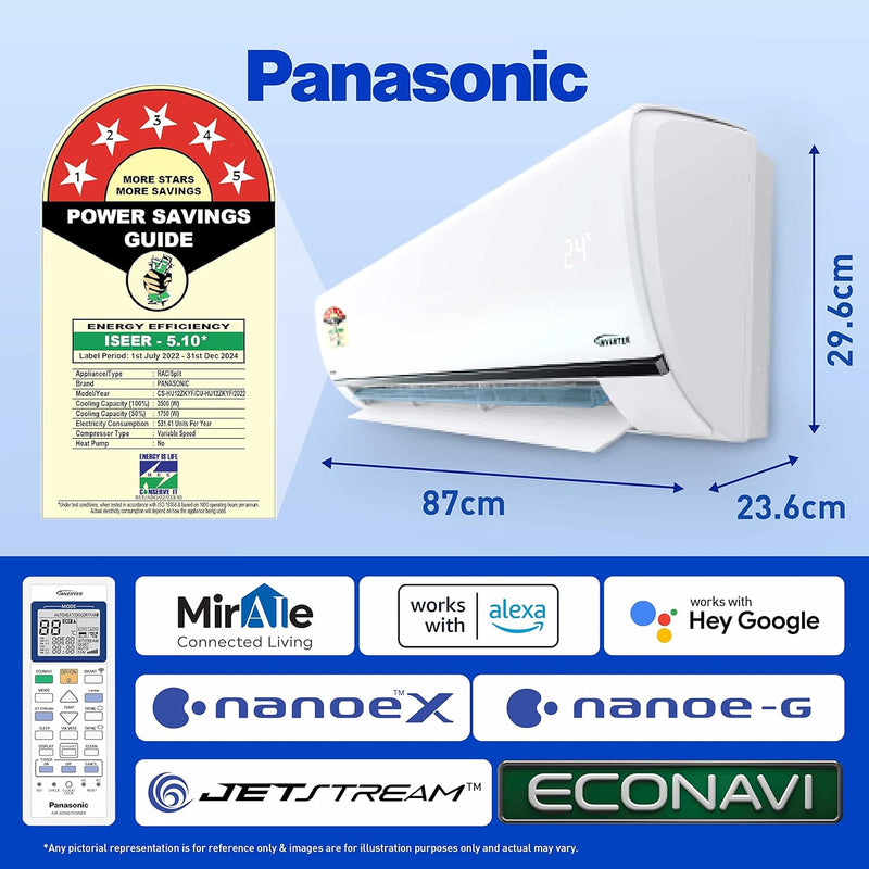 Panasonic 1 Ton 5 Star Wi-Fi Inverter Smart Split AC (Copper, 7 in 1 Convertible with additional AI Mode, 4 Way Swing, nanoe-X Air Purification Technology, CS/CU-HU12ZKYF, White)