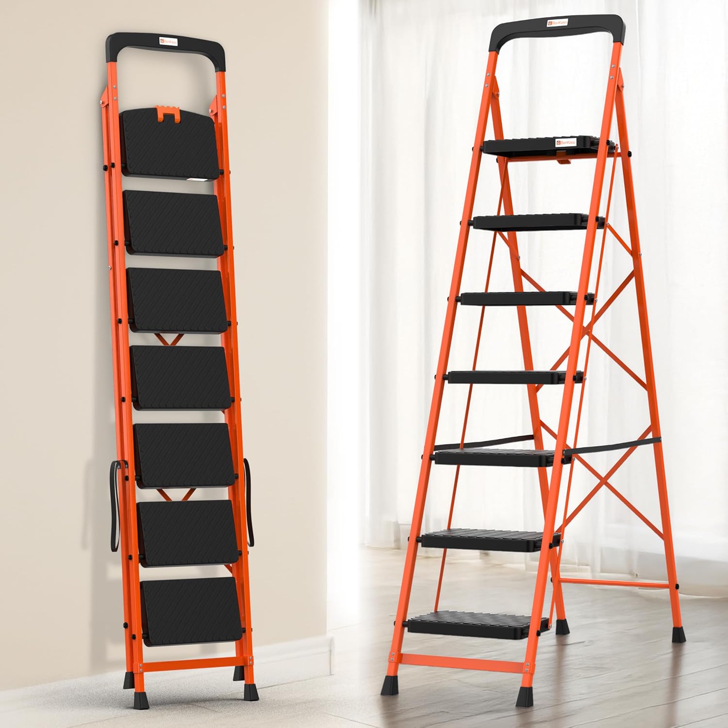 BonKaso climb easy 7 Step Foldable Steel Kitchen Ladder for Home,Office & Outdoor Use with Safety Clutch Lock,Anti-Slip Wide Steps,Support Handle & Tool Tray, Load Capacity Upto 120kg (Orange & Black)