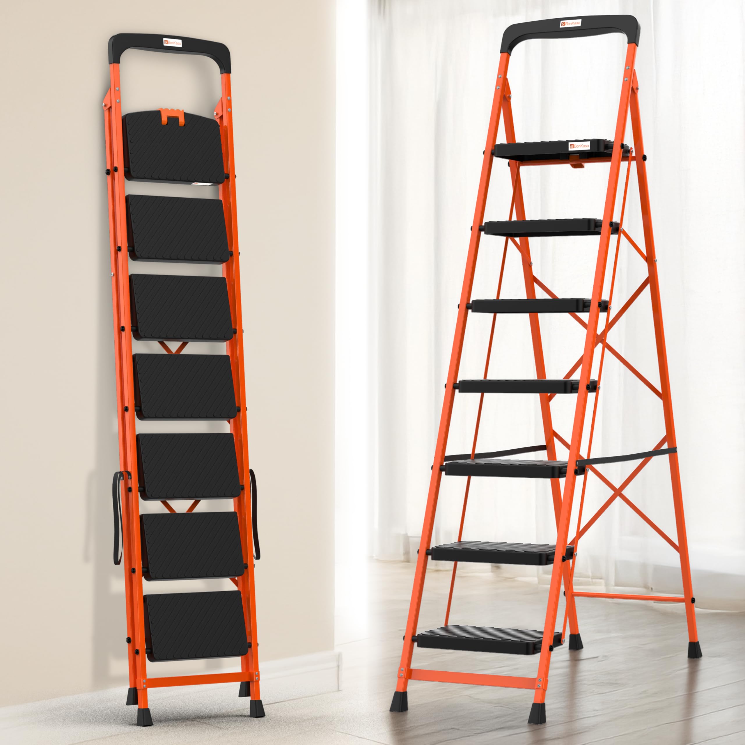 BonKaso Climb Easy 5 Step Heavy Duty Steel Folding Climbing Ladder for Home, Home & Office – with Safety Lock, Anti-Slip Wide Steps, Support Handle & Tool Tray (Orange & Black)