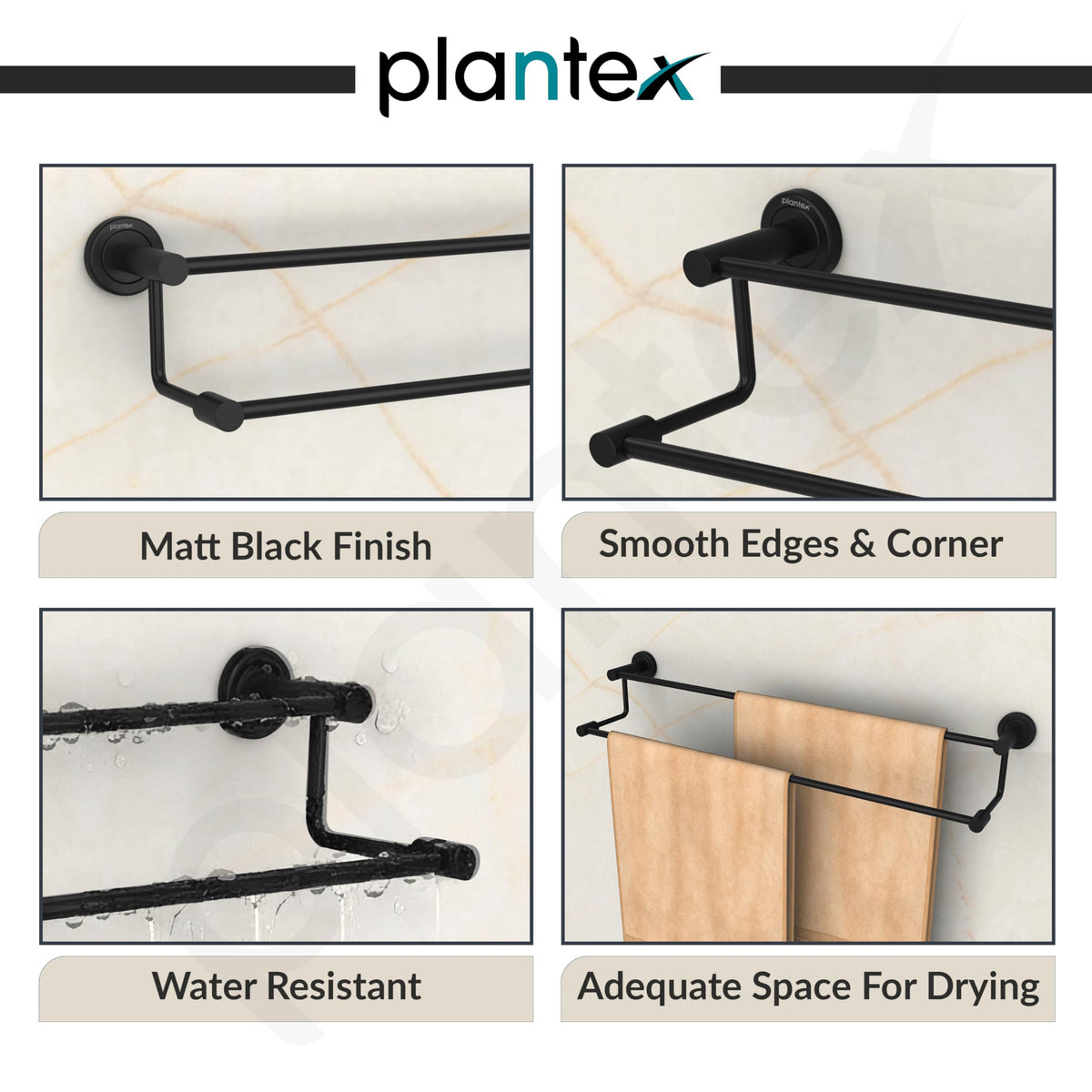 Plantex Stainless Steel Dual Towel Rod/Towel Rack for Bathroom/Towel Bar/Hanger/Stand/Bathroom Accessories (24 Inch - Black)-2