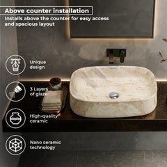 Plantex Wash Basin for Bathroom/Ceramic Table Top Washbasin/Countertop Vessel Sink Basin - (Cream Marble, 21.5 x 15 x 6 Inch)-2