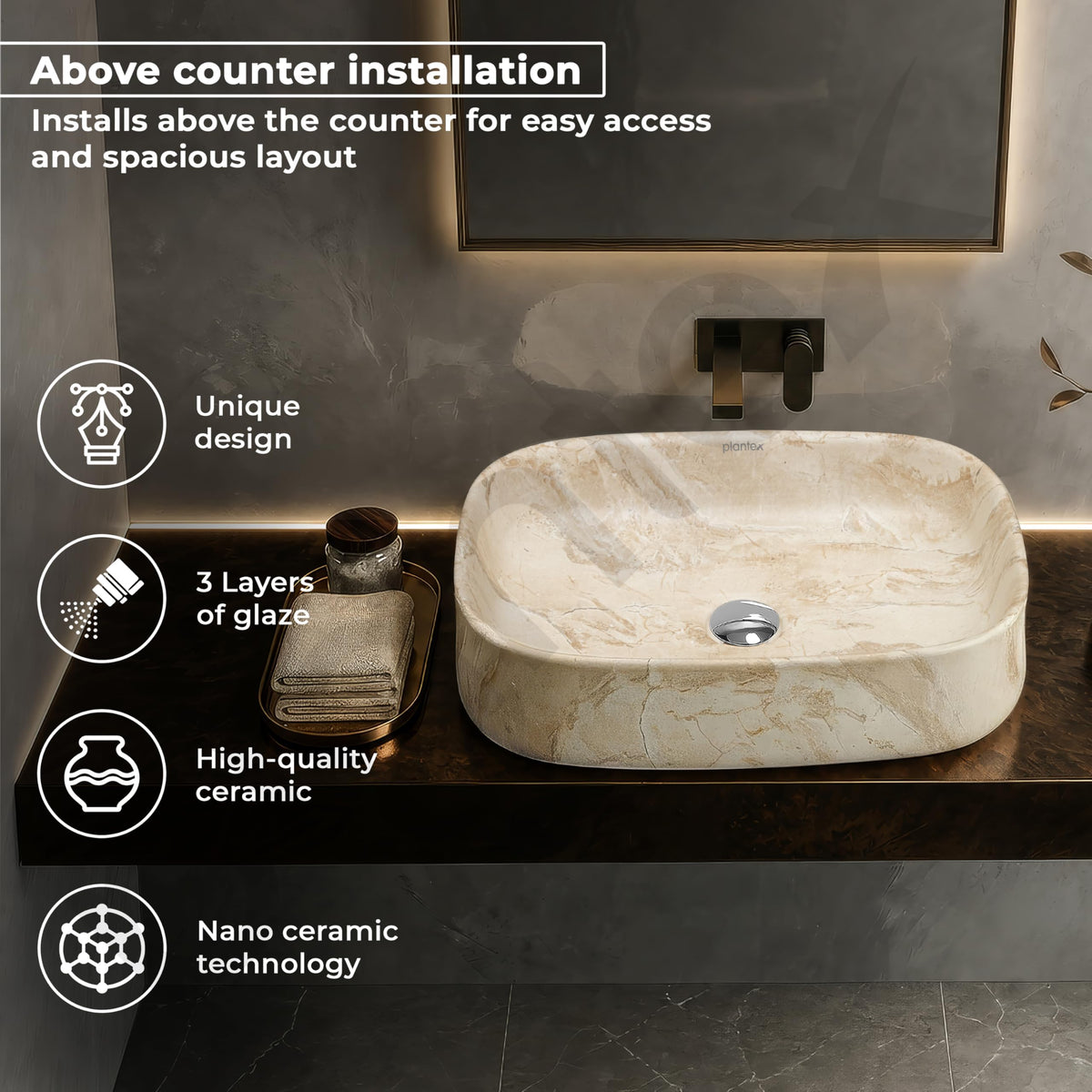 Plantex Wash Basin for Bathroom/Ceramic Table Top Washbasin/Countertop Vessel Sink Basin - (Cream Marble, 21.5 x 15 x 6 Inch)-2