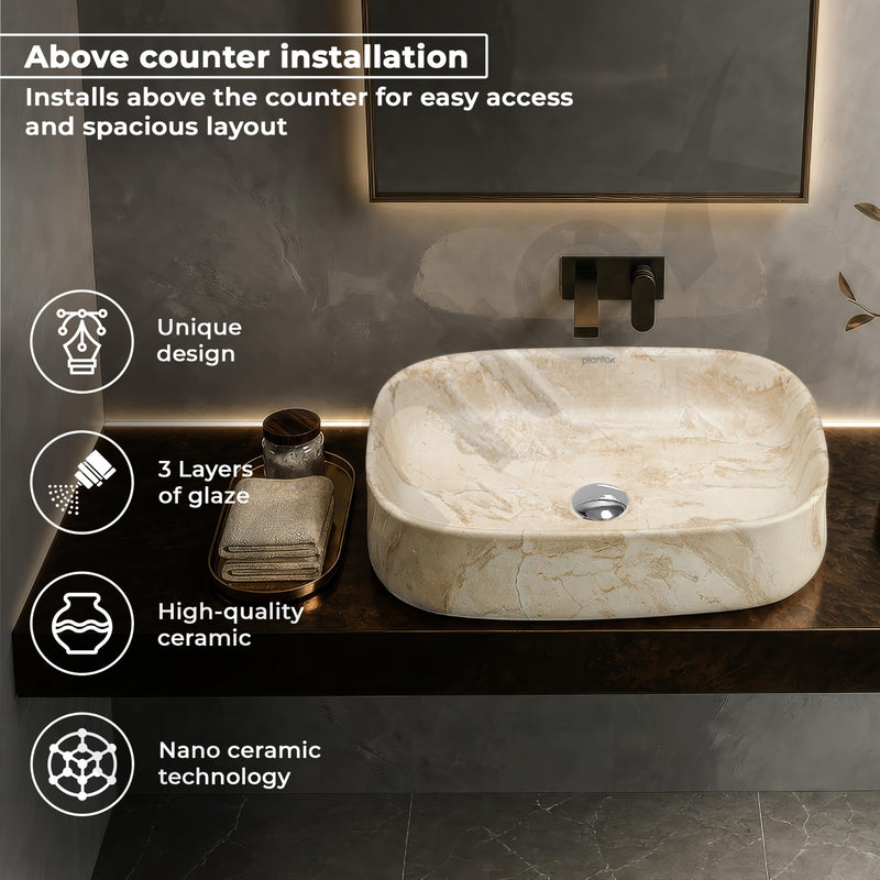 Plantex Wash Basin for Bathroom/Ceramic Table Top Washbasin/Countertop Vessel Sink Basin - (Cream Marble, 21.5 x 15 x 6 Inch)-2