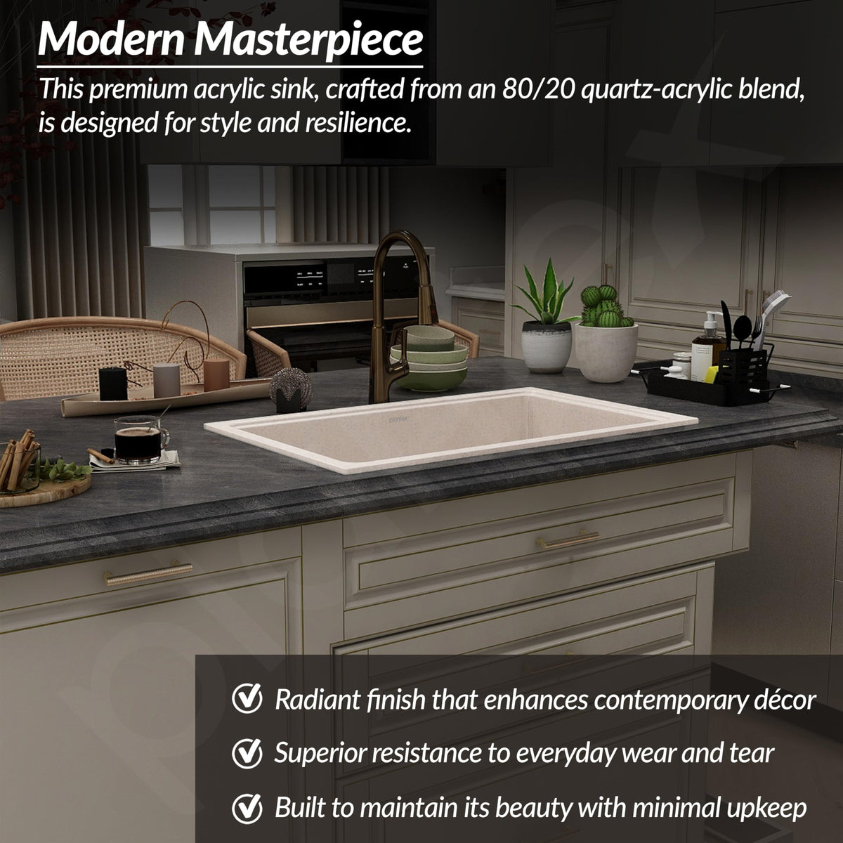 Plantex Quartz Acrylic Matt Kitchen Sink With 10 Years Warranty /Undermount Sink For Kitchen/Granite Single Bowl Kitchen Sinks With Coupling (Ultra Brun 32X20 Inches)-2