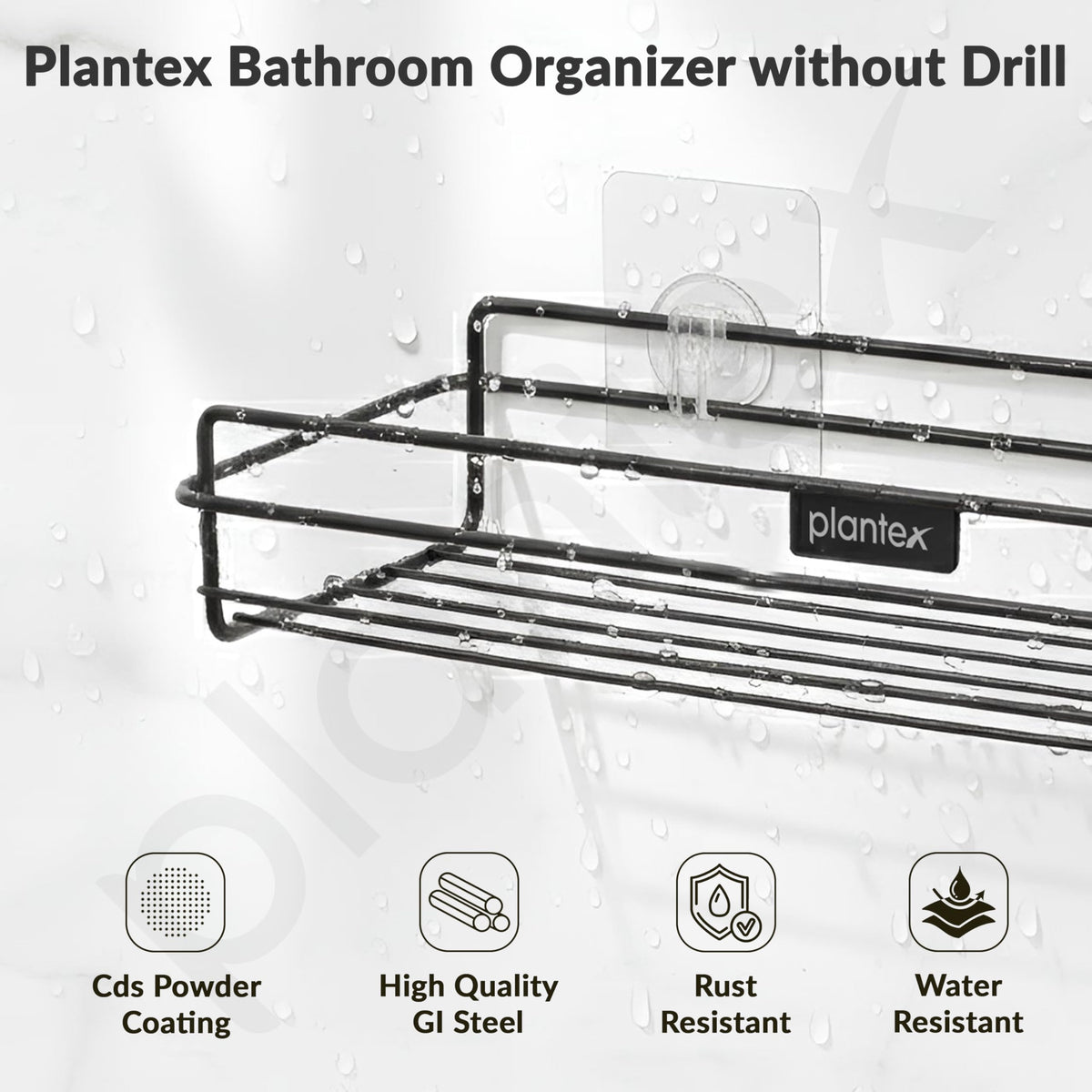Plantex Self Adhesive Bathroom Shelf Rack/Bathroom Organiser Without Drill//GI-Steel Shelf for Kitchen with Magic Stickers/Bathrooms Accessories - Pack of 2 (12x5 Inches, Black)-2