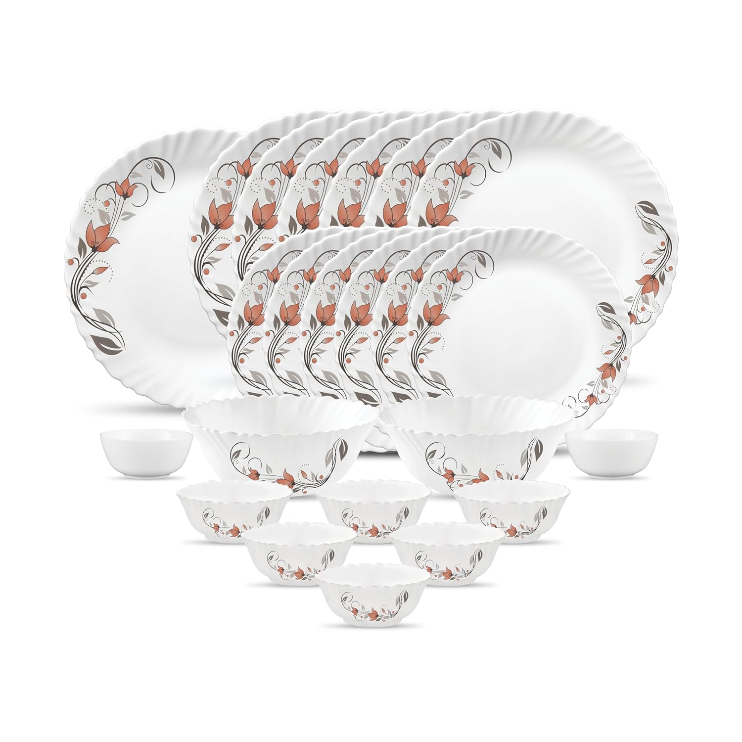 La Opala, Novo Collection, Opal Glass Floral Dinner Set 23 Pcs, Scarlet Blooms, White