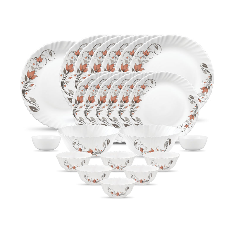 La Opala Novo Collection Opal Glass Crockery | for Family of 6 | Dinner Set 23 pcs Vivid Greens | Plates & Bowls for Dining | Microwave Safe | 100% Vegetarian | Extra Strong | Light & White