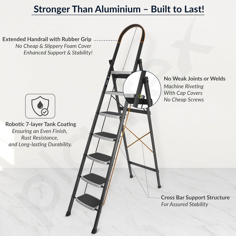 Plantex Steel 7 Step Ladder for Home/Wide Anti Skid 7 Step Ladder Foldable/5 Year Manufacturer Warranty (Gray & White)