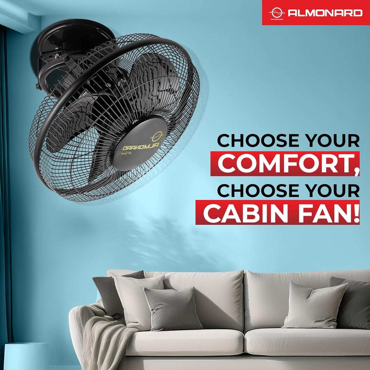Almonard 225mm High Speed Cabin Fan, High Velocity Blades with Rust-resistant Coating, Single Speed Setting, Cabin Fan for Office, Retail Kiosks, Available in Black